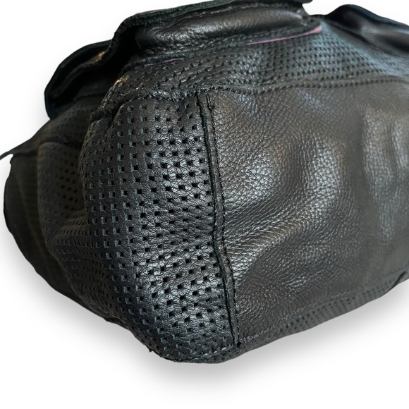 Linea Pelle Large Black Leather Perforated Zip Top Shoulder Bag Satchel Purse - Picture 2 of 11